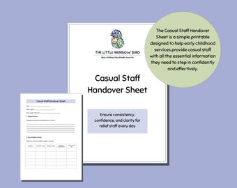 Foglio di passaggio di consegne per il personale occasionale / Stampabile per l'assistenza all'infanzia / Guida giornaliera per il responsabile della stanza / Registro dei comportamenti e delle routine in formato PDF
