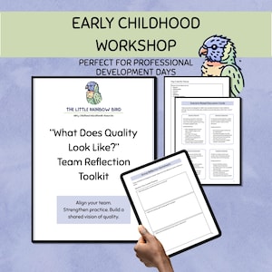 Puede incluir: Un kit de herramientas digital titulado Early Childhood Workshop con el texto What Does Quality Look Like? Team Reflection Toolkit. El conjunto incluye hojas de trabajo y tarjetas de discusión con un pequeño logo de pájaro.