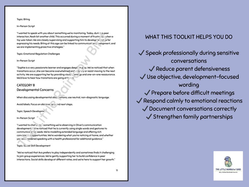 Copioni di comunicazione per genitori per educatori, kit di strumenti per conversazioni difficili, guida alla discussione sul comportamento nell'assistenza all'infanzia, risorse per l'infanzia immagine 3