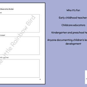 May include: A white document titled Individual Observation Builder with three rectangular boxes labeled What happened, How the child engaged, and Skills or behaviors observed. Text lists target audiences and a logo for The Little Rainbow Bird.