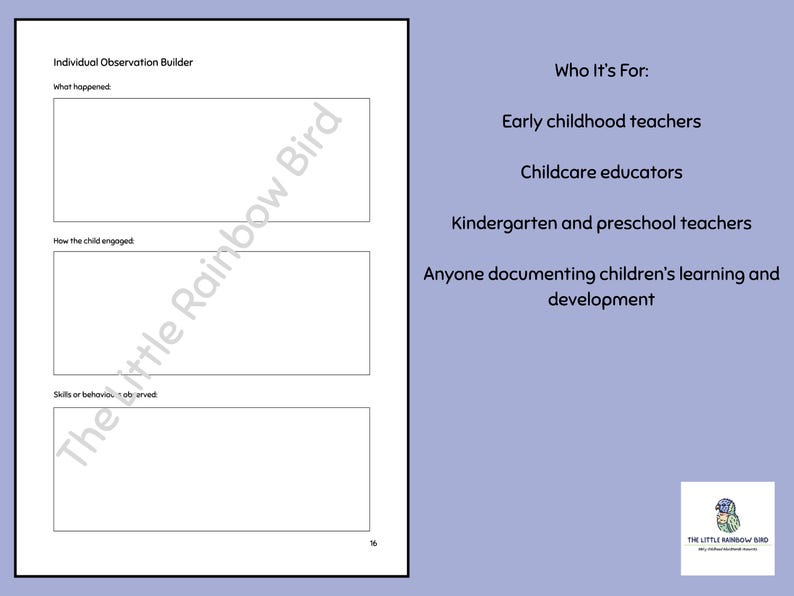 May include: A white document titled Individual Observation Builder with three rectangular boxes labeled What happened, How the child engaged, and Skills or behaviors observed. Text lists target audiences and a logo for The Little Rainbow Bird.