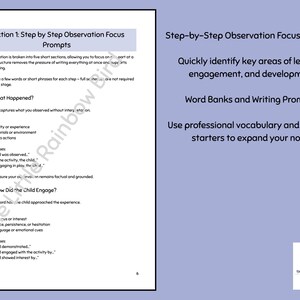 May include: A document titled Section 1: Step by Step Observation Focus Prompts with text outlining steps for child observation, including What Happened and How Did the Child Engage, featuring The Little Rainbow Bird logo in the corner.