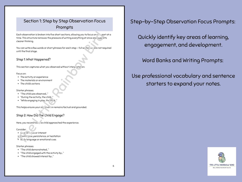 May include: A document titled Section 1: Step by Step Observation Focus Prompts with text outlining steps for child observation, including What Happened and How Did the Child Engage, featuring The Little Rainbow Bird logo in the corner.