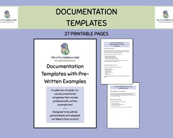 May include: A set of 27 printable documentation templates featuring the logo of a colorful bird. The pages include the text Documentation Templates with Pre-Written Examples, The Little Rainbow Bird, and detailed instructional content for educators.