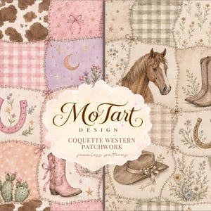May include: A digital patchwork pattern featuring western motifs like horses, cowboy boots, horseshoes, cacti, and hats in soft pink, brown, and cream tones. The text MoTart DESIGN COQUETTE WESTERN PATCHWORK seamless patterns is centered.