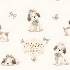 May include: A seamless pattern featuring watercolour illustrations of puppies with brown and white fur, wearing sage green bows. The design includes butterflies and bows on a cream background, with the text MoTart DESIGN ADORABLE PUPPY 4 seamless patterns.