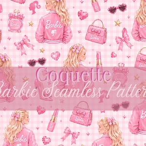 May include: A seamless pattern featuring Barbie illustrations, including figures in pink jackets, handbags, perfume bottles, lipsticks, bows, heart shapes, and star icons on a light pink checkered background with the text Coquette Barbie Seamless Pattern.