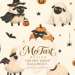 May include: A seamless pattern featuring watercolor illustrations of grumpy sheep in Halloween costumes, including a witch, a ghost, and a pumpkin, alongside bats, spiders, and stars on a cream background with the text MoTart DESIGN GRUMPY SHEEP HALLOWEEN.