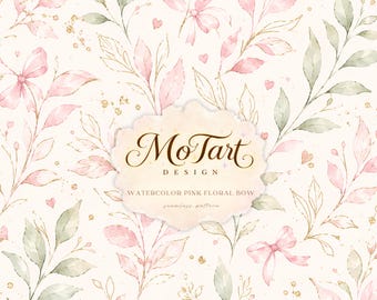 Watercolor Pink Floral Bow Seamless Pattern, Boho Baby Nursery (Digital Download)