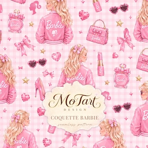 May include: A seamless pattern featuring illustrations of Barbie in a pink jacket, pink handbags, perfume bottles, heart-shaped sunglasses, bows, and stars on a light pink gingham background. The center text reads MoTart DESIGN COQUETTE BARBIE.