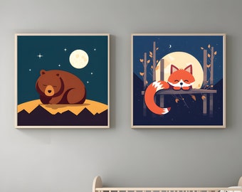 Fox and Bear Nursery Prints: Whimsical Animal Art (Digital Download)