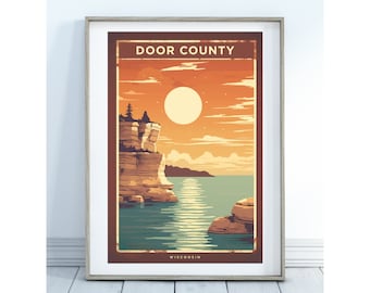 Door County Wisconsin Sunset Art Poster: Vintage Travel Print (Digital Download)