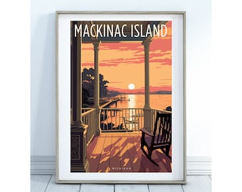Mackinac Island Sunset Art Poster: Victorian Porch View (Digital Download)