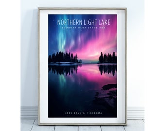 Northern Lights Lake Art Print: Pink Aurora Borealis, Minnesota (Digital Download)