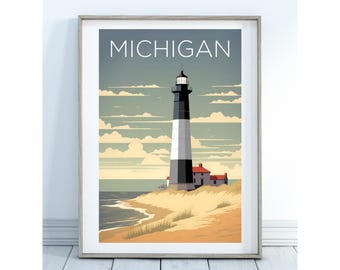 Michigan Lighthouse Art Print, Lake Michigan Nautical Decor (Digital Download)