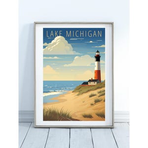 Faro del lago Michigan con casa de farero y dunas de arena, póster de arte de pared, decoración rústica de pared, arte de los Grandes Lagos, Michigan, oeste de Michigan