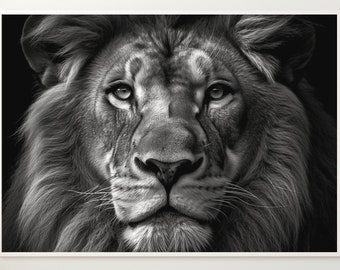Majestic Lion Portrait: Black and White Art Printable (Digital Download)