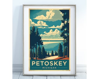May include: A vintage-style travel poster featuring a scenic view of a lake with trees and clouds in the background. The text "PETOSKEY MICHIGAN" is at the bottom of the poster.