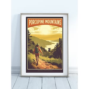 Hike the Porcupine Mountains Michigan Art Poster, Rustic Wall Decor, Great Lakes Art, Michigan Gift, Northern Michigan, Upper Peninsula