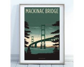 Mackinac Bridge Michigan Art Poster, Rustic Wall Decor, Great Lakes Art, Michigan Gift, Northern Michigan, Mighty Mac, Up North