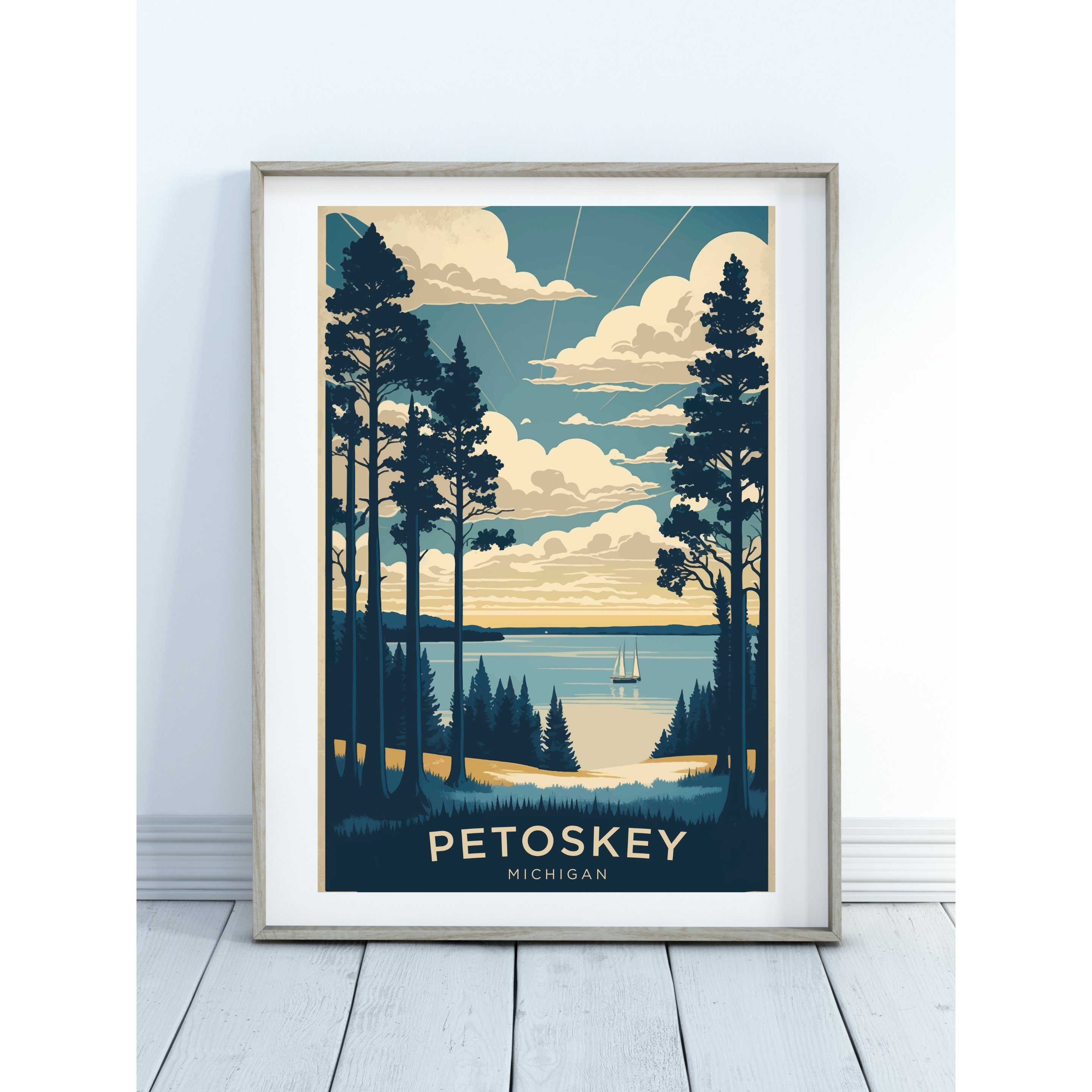 Petoskey Harbor Michigan Art Poster - Northern Michigan Print, Digital Download, Art Printable