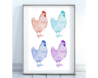 Folk Art Hens Print: Colorful Farmhouse Kitchen Decor (Digital Download)