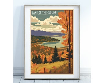 Fall color  Lake of the Clouds Porcupine Mountains - Rustic Northern Michigan Poster, Great Lakes Art, Digital Download, Upper Peninsula