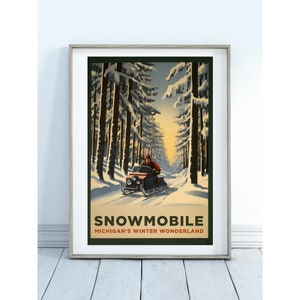 Snowmobiling Michigan&#39;s Winter Wonderland - Vintage Art Poster - Northern Michigan - Instant Download, Digital Download, Art Printable