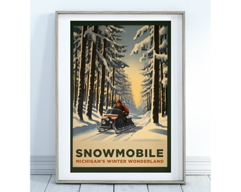 Snowmobiling Michigan&#39;s Winter Wonderland - Vintage Art Poster - Northern Michigan - Instant Download, Digital Download, Art Printable