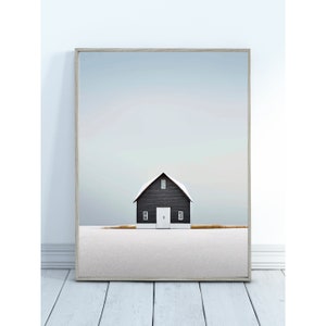 Minimalist Black Barn in Snow Rural Landscape - Winter Farmhouse Wall Art, Art Printable, Digital Download, Modern Farmhouse