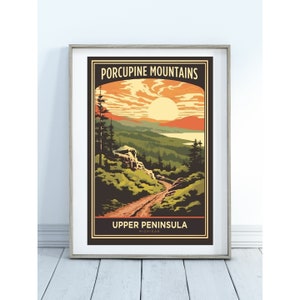 Sunset in the Porcupine Mountains Michigan Art Poster, Rustic Wall Decor, Great Lakes Art, Michigan Gift, Northern Michigan, Upper Peninsula