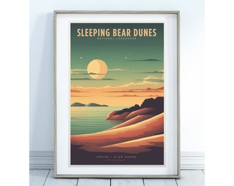 May include: A retro-style poster with a sunset scene of Sleeping Bear Dunes National Lakeshore in Michigan. The poster features a crescent moon, a sandy beach, and a forested hillside. The text "Sleeping Bear Dunes National Lakeshore" is at the top of the poster, and "Empire - Glen Arbor, Michigan" is at the bottom.