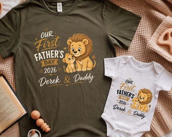 Vår första fars dag lejonskjorta pappa baby matchande outfit personlig namngåva