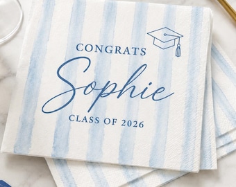 Personalized Striped Graduation Cocktail Napkins, Custom Class of 2026 Grad Cap Party Decor Favors