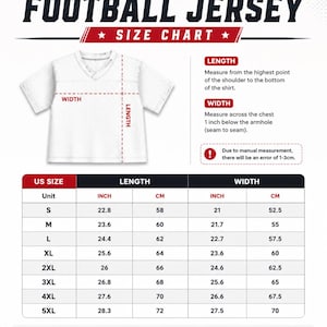 May include: AOP Boxy Mesh Football Jersey size chart featuring a white jersey illustration with length and width measurement lines. The chart lists US sizes S through 5XL with corresponding length and width measurements in both inches and centimeters.