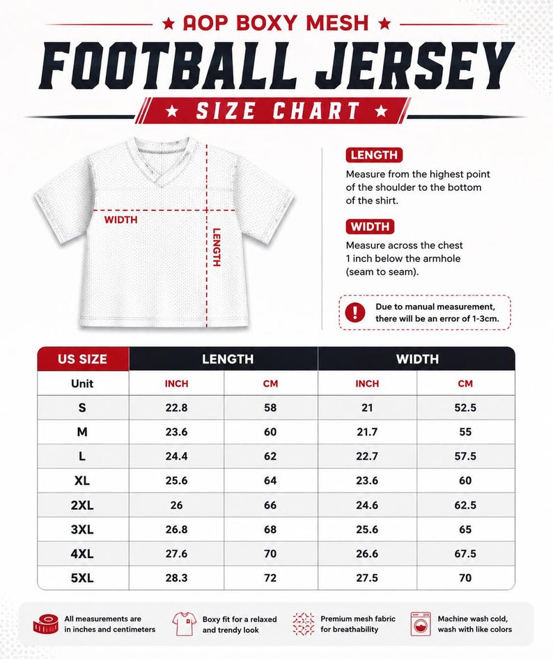 May include: AOP Boxy Mesh Football Jersey size chart featuring a white jersey illustration with length and width measurement lines. The chart lists US sizes S through 5XL with corresponding length and width measurements in both inches and centimeters.