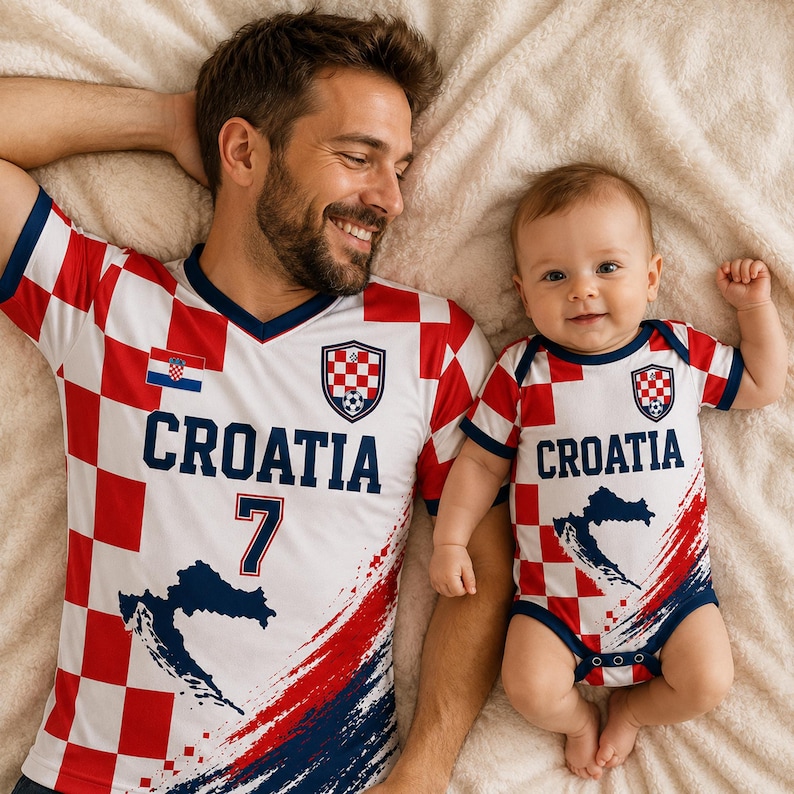May include: A matching set consisting of an adult V-neck t-shirt and an infant bodysuit, both featuring a red and white checkered pattern, the text CROATIA, a blue map silhouette, and the Croatian national soccer crest with the number 7 on the shirt.