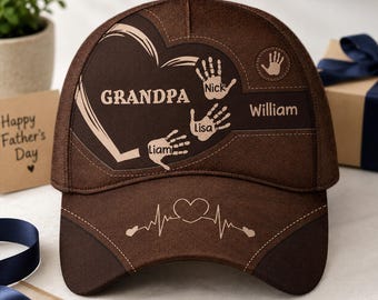 Personalized Grandpa Hat, Father’s Day Baseball Cap, Custom Kids Handprint Hat, Gift for Dad Papa Grandpa From Kids