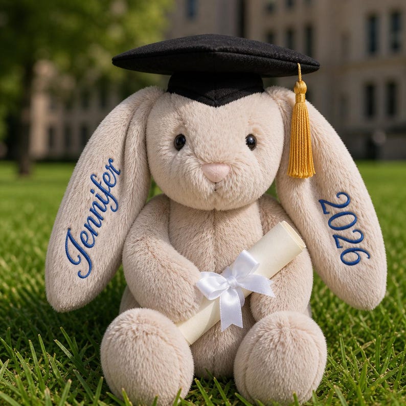 May include: A plush bunny wearing a black graduation cap with a gold tassel. The bunny holds a rolled-up scroll tied with a white ribbon. The name "Jennifer" is embroidered in blue on one ear, and "2026" on the other. The bunny is sitting on green grass.