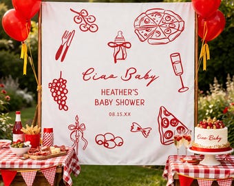 Custom Ciao Baby Shower Backdrop, Personalized Italian Pizza Theme Tapestry, Red White Party Banner, Mediterranean Decor