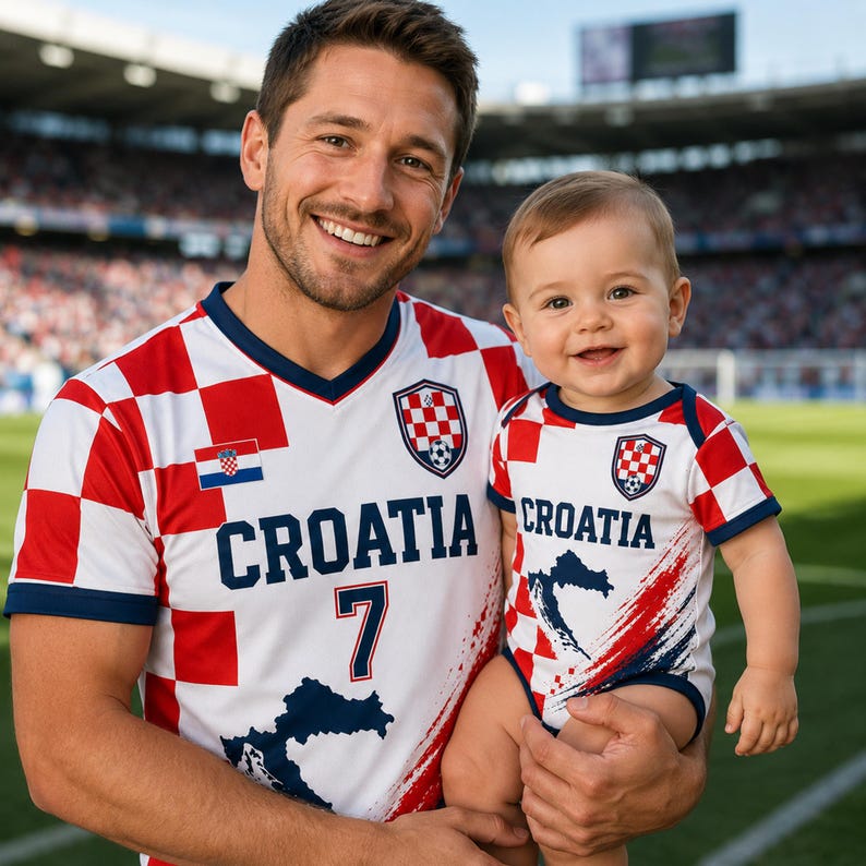 May include: A white and red checkered soccer jersey with the text CROATIA and the number 7, and a matching infant bodysuit with the text CROATIA and a map graphic, both featuring the Croatian national soccer team crest and navy blue trim.