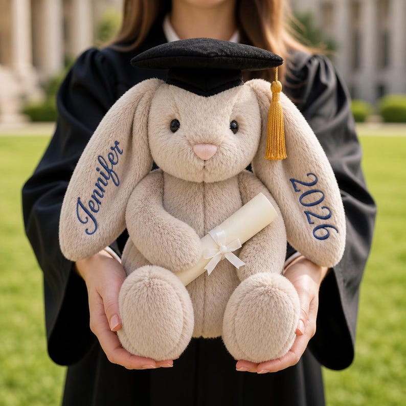 May include: A plush beige bunny wearing a black graduation cap with a gold tassel. The bunny holds a rolled-up diploma tied with a white ribbon. The name "Jennifer" and the year "2026" are embroidered in blue on the bunny's ears. A graduation gift.