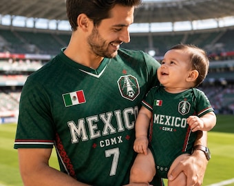 Personalized Mexico Soccer Jersey Set, Custom Dad Baby Matching Football Shirt Fan Gift