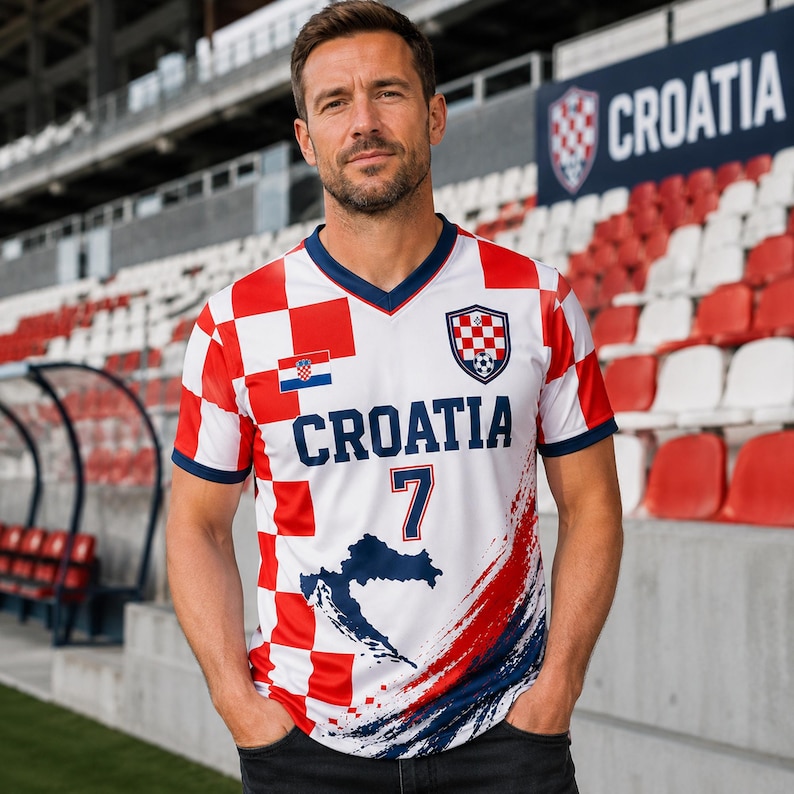 May include: A white and red checkered V-neck soccer jersey featuring the text CROATIA, the number 7, a small Croatian flag, a team crest, and a dark blue map silhouette of Croatia with a brushstroke design on the lower front section.