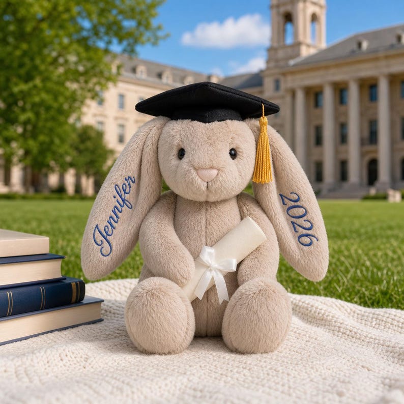 May include: A plush bunny wearing a black graduation cap with a gold tassel. The bunny holds a rolled diploma tied with a white ribbon. The name "Jennifer" and the year "2026" are embroidered in blue on the bunny's ears. The bunny is sitting on a white blanket.