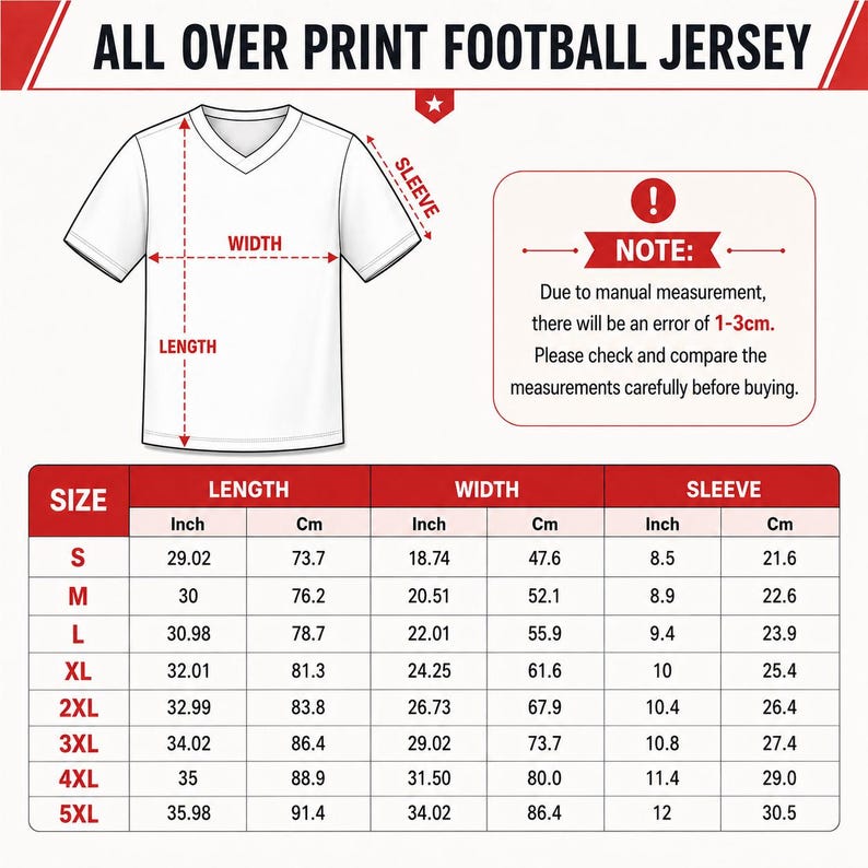 May include: A white V-neck football jersey diagram with red text labels for length, width, and sleeve. A sizing chart displays measurements in inches and centimeters for sizes S through 5XL, with a note about a 1-3cm manual measurement error.