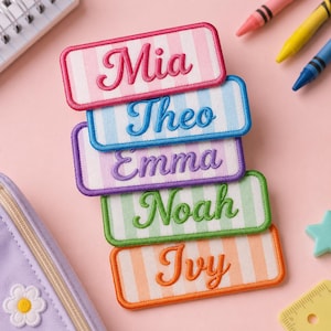 Custom Rectangle Name Patches, Personalized Pastel Striped Iron on Patch, Embroidered Script Lettering Name Tag Patches for Backpacks