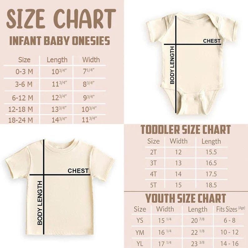 May include: Size chart for infant baby onesies, toddler, and youth sizes. Includes measurements for length and width in inches. The chart also shows the chest and body length measurements for the clothing.
