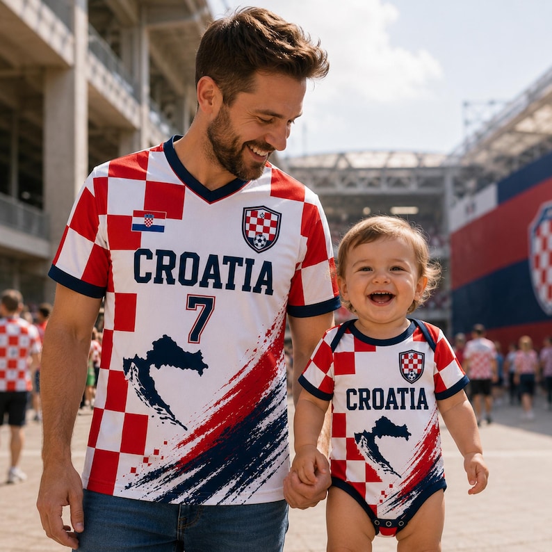 May include: A red and white checkered V-neck t-shirt with the text CROATIA, the number 7, a map silhouette, and a crest, alongside a matching red and white checkered baby bodysuit with the text CROATIA, a map silhouette, and a crest.