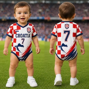 May include: A baby bodysuit featuring the red and white checkered pattern of the Croatian flag. The front displays the text CROATIA, the number 7, and a map outline. The back features the number 7 and a small crest. The design includes blue accents.